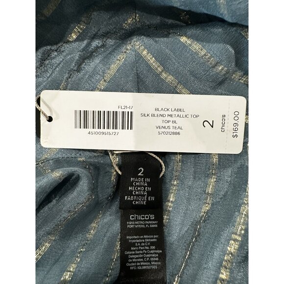 Chicos Black Label Metallic Striped Teal Button-Down Blouse With Tie Neck Size 2 - Picture 6 of 12